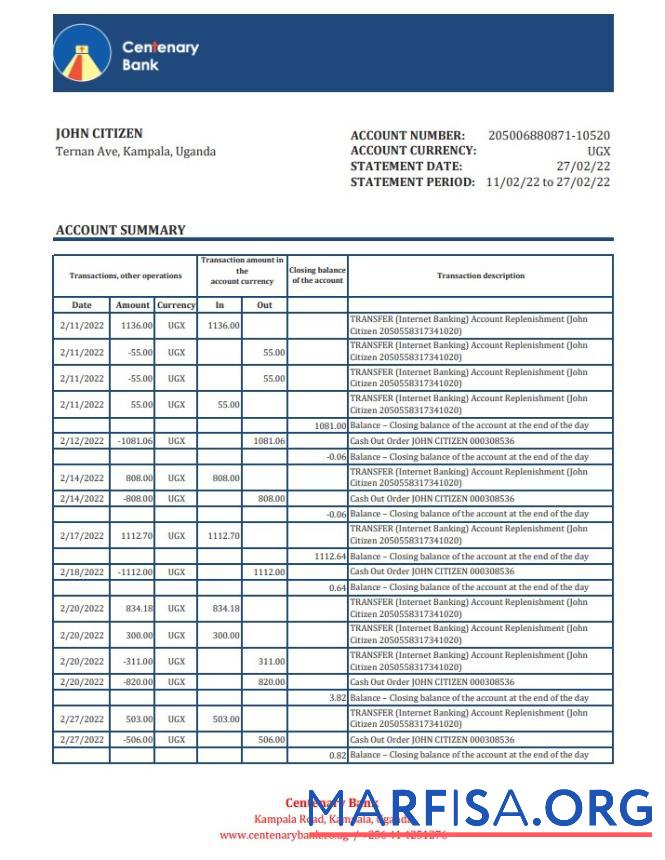 Printable Uganda Centenary bank statement excel sample